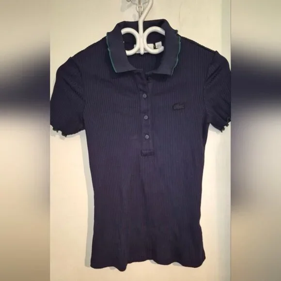 LACOSTE Navy Ribbed Polo Shirt with Green Flounced Trim SZ.32 - Picture 2 of 8